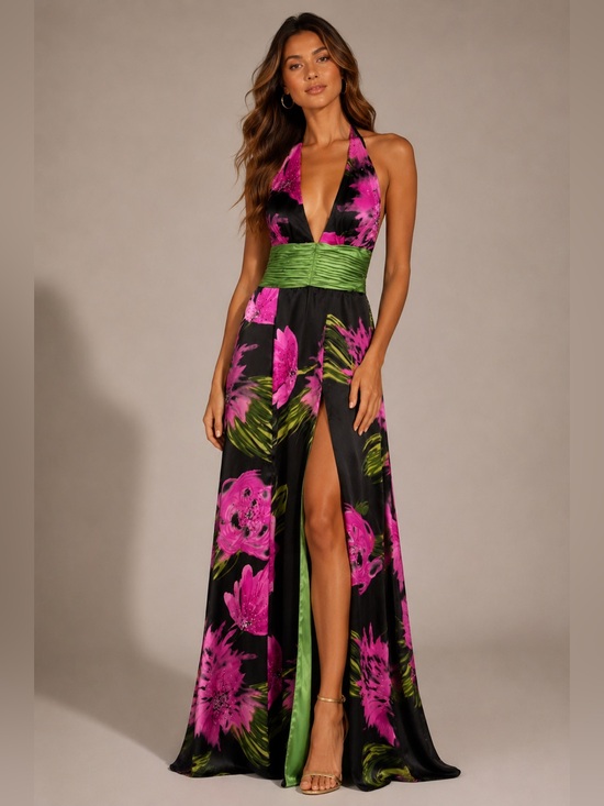 Wow! Prom & Pageant Dresses & Skirts - Wow! Prom & Pageant Silk Plunge Halter Formal Gown Ruched Waist Size 4